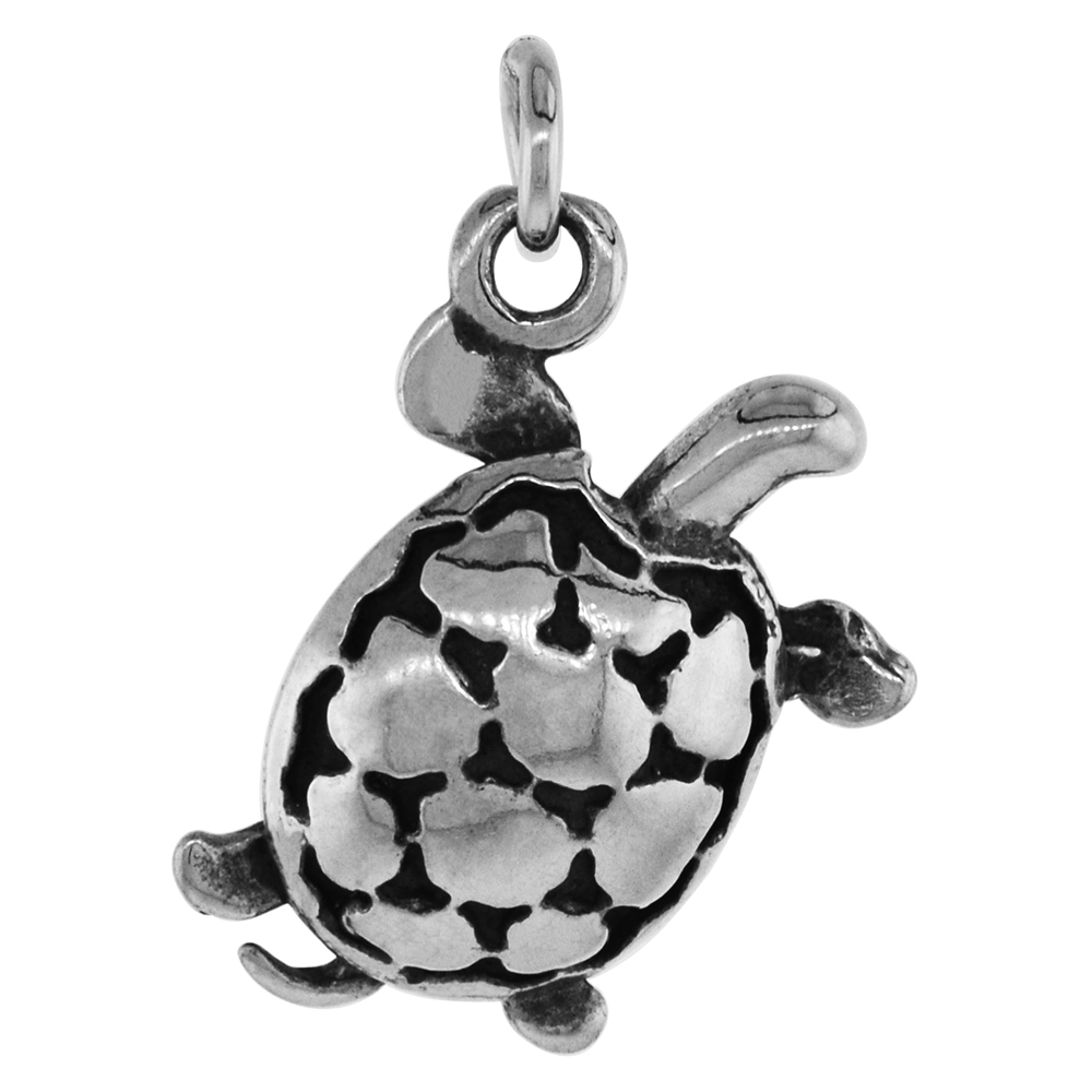 SMALL 3/4 INCH STERLING SILVER TURTLE PENDANT FOR WOMEN DIAMOND-CUT OXIDIZED FINISH NO CHAIN
