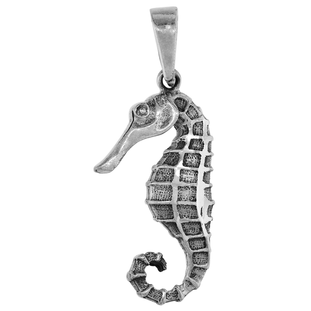 1 1/16 inch Sterling Silver Seahorse Pendant Diamond-Cut Oxidized finish NO Chain