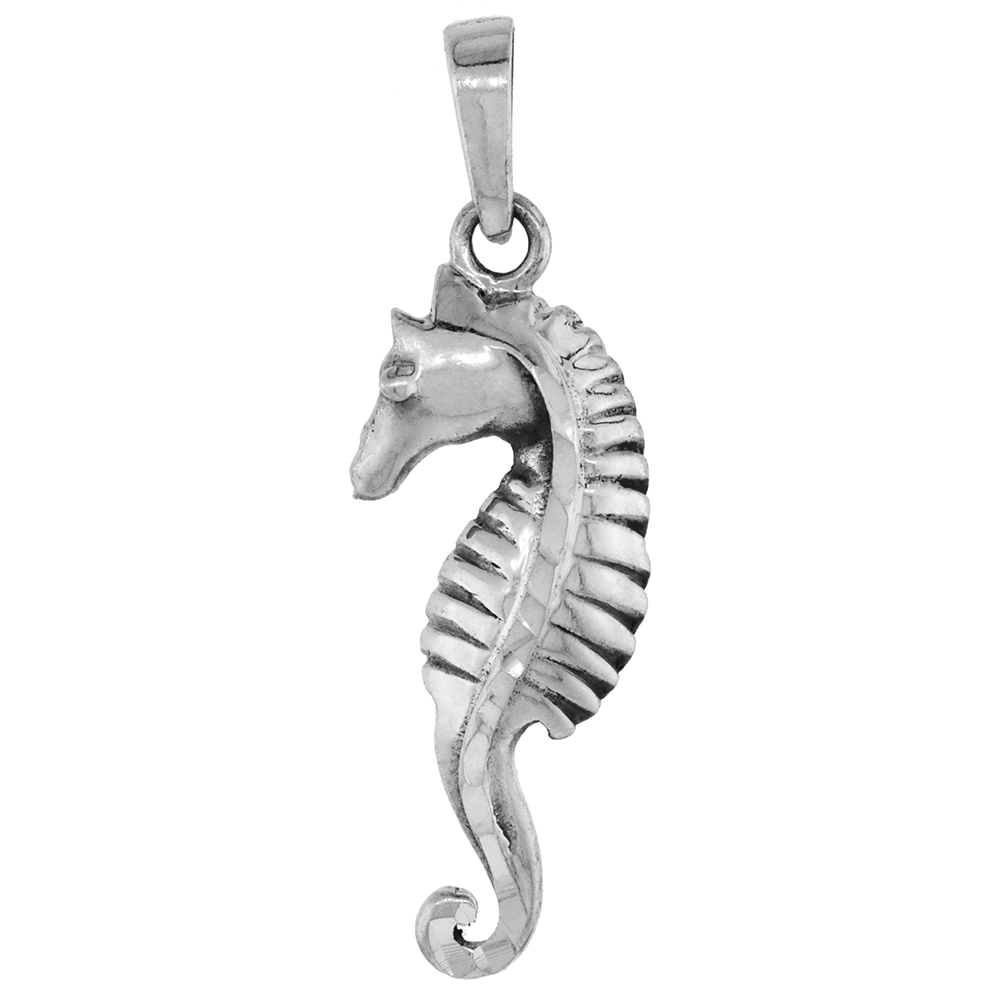 1 1/8 INCH STERLING SILVER SEAHORSE PENDANT DIAMOND-CUT OXIDIZED FINISH NO CHAIN