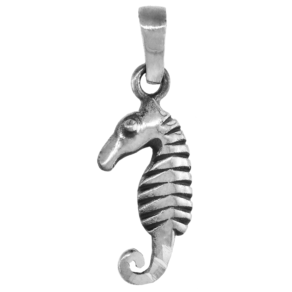 SMALL 3/4 INCH STERLING SILVER SEAHORSE PENDANT FOR WOMEN DIAMOND-CUT OXIDIZED FINISH NO CHAIN