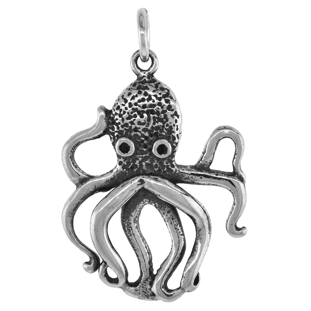 1 1/4 INCH STERLING SILVER OCTOPUS PENDANT DIAMOND-CUT OXIDIZED FINISH NO CHAIN (NO CHAIN)
