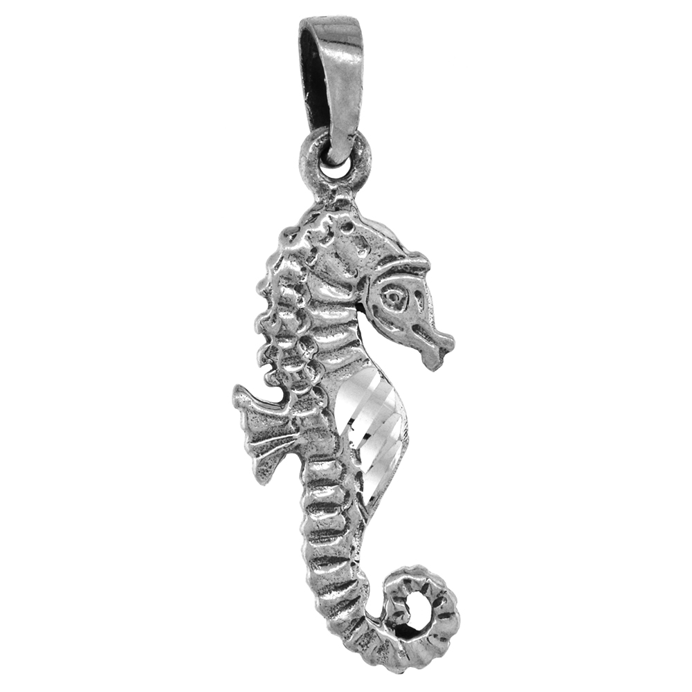 1 1/8 INCH STERLING SILVER SEAHORSE PENDANT DIAMOND-CUT OXIDIZED FINISH NO CHAIN
