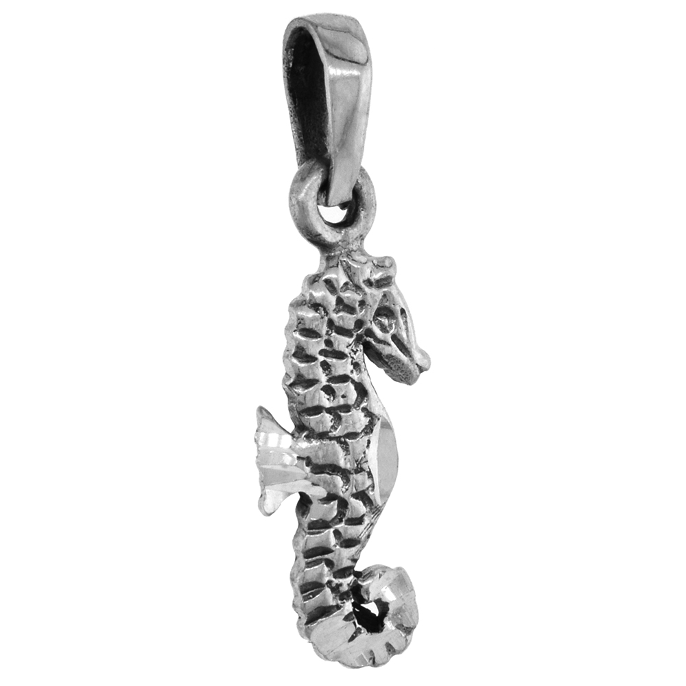 SMALL 3/4 INCH STERLING SILVER SEAHORSE PENDANT FOR WOMEN DIAMOND-CUT OXIDIZED FINISH NO CHAIN