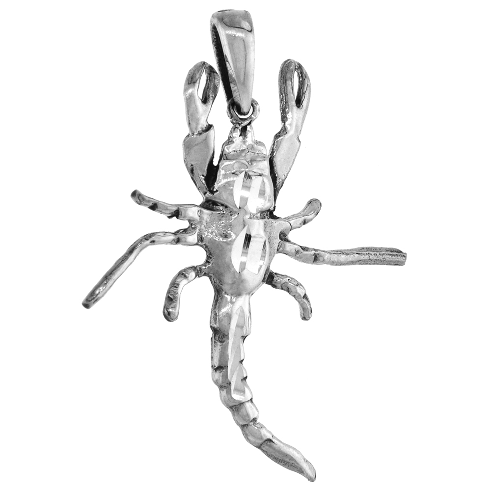 1 1/4 INCH STERLING SILVER SHRIMP PENDANT DIAMOND-CUT OXIDIZED FINISH NO CHAIN