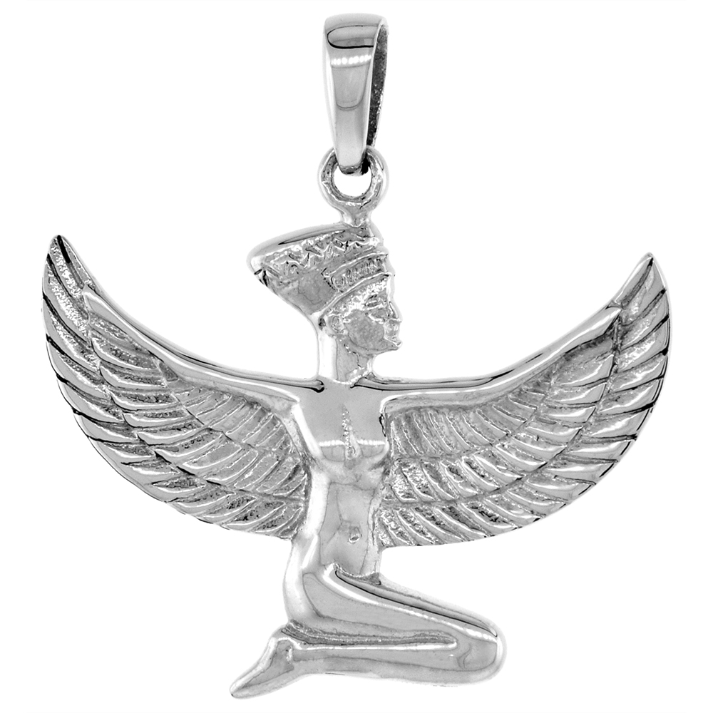 1 1/8 INCH STERLING SILVER EGYPTIAN GODDESS ISIS PENDANT DIAMOND-CUT OXIDIZED FINISH NO CHAIN