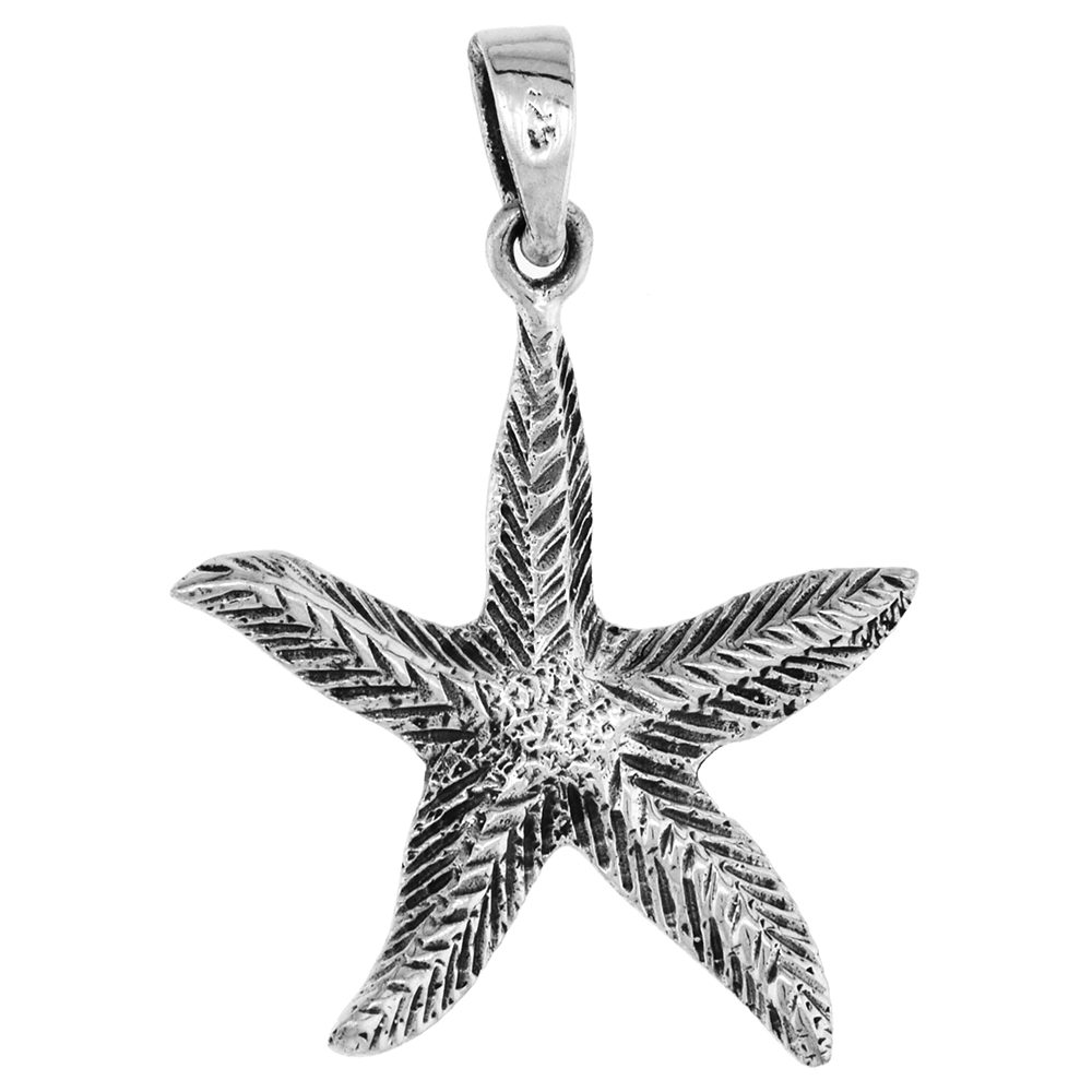 1 1/8 INCH STERLING SILVER STARFISH PENDANT DIAMOND-CUT OXIDIZED FINISH NO CHAIN