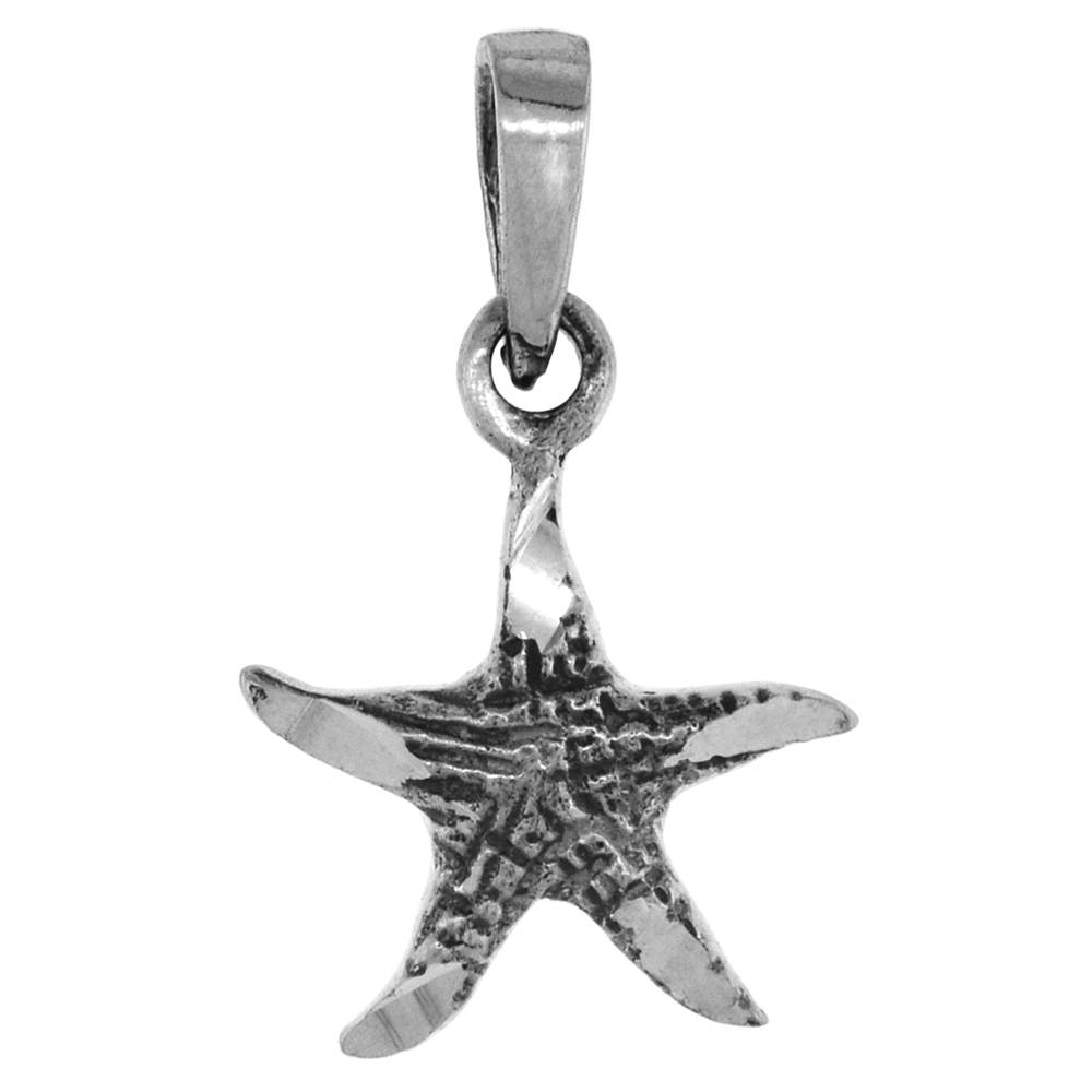 SMALL 3/4 INCH STERLING SILVER STARFISH PENDANT FOR WOMEN DIAMOND-CUT OXIDIZED FINISH NO CHAIN