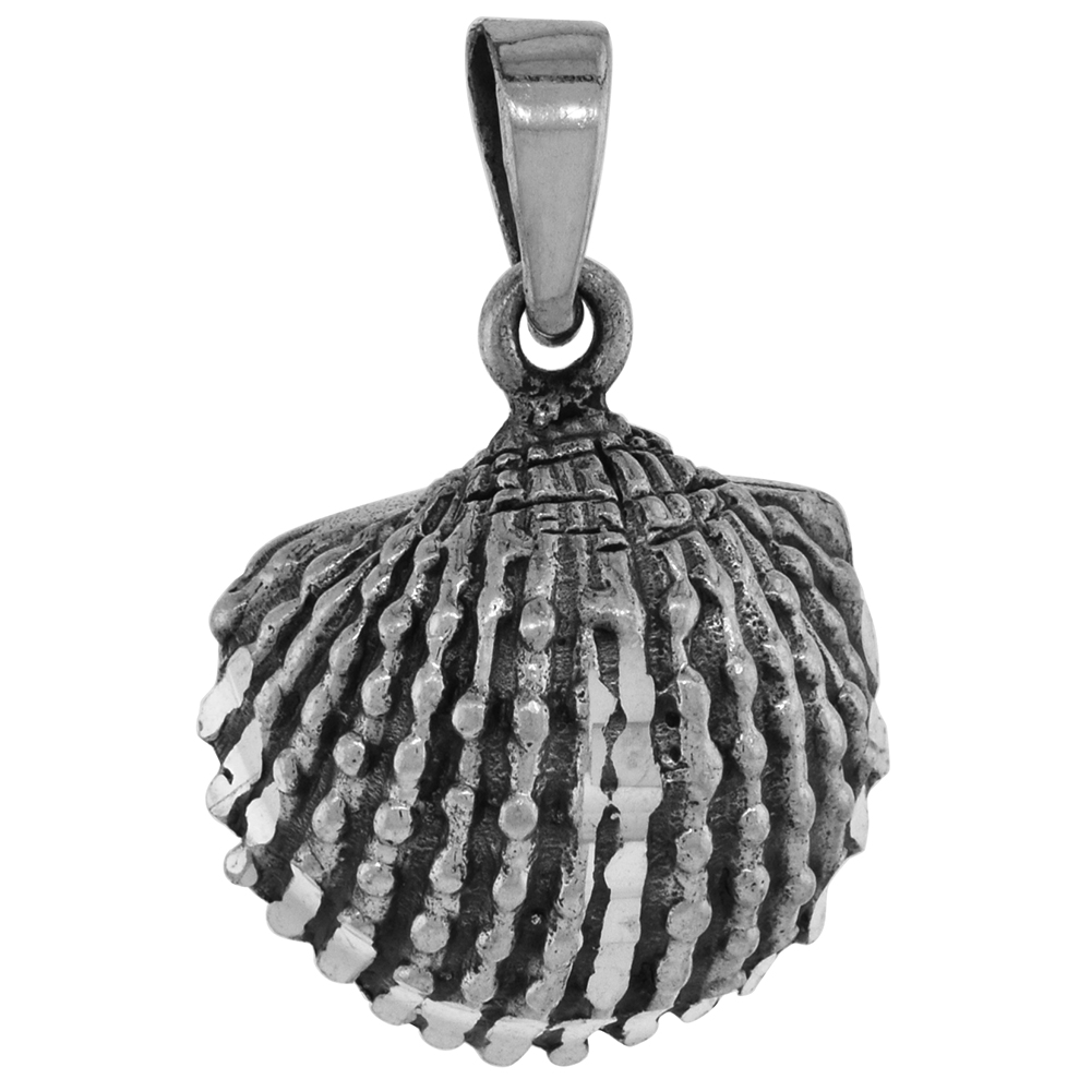 7/8 INCH STERLING SILVER CLAMSHELL PENDANT DIAMOND-CUT OXIDIZED FINISH NO CHAIN