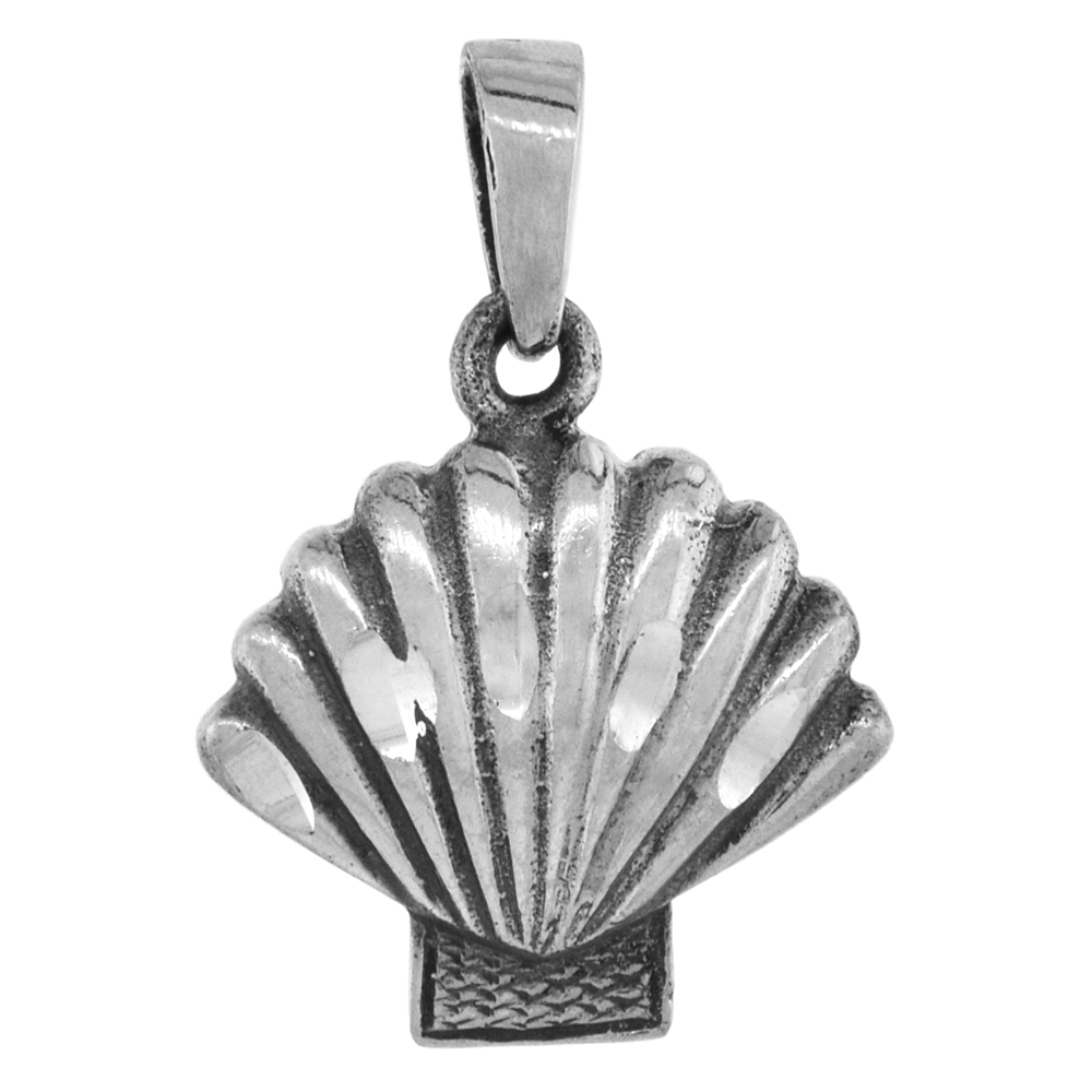 SMALL 3/4 INCH STERLING SILVER FAN SCALLOP CLAMSHELL PENDANT FOR WOMEN DIAMOND-CUT OXIDIZED FINISH NO CHAIN