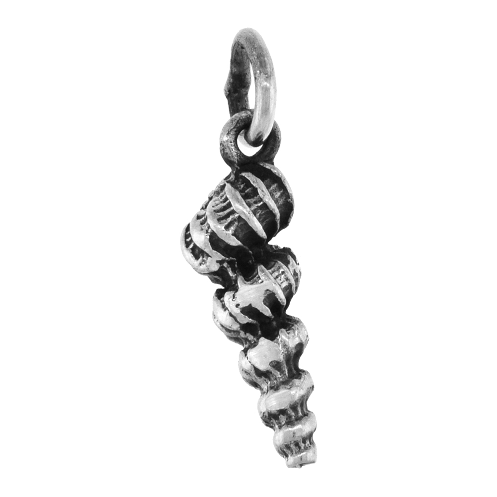 TINY 5/8 INCH STERLING SILVER HIGH SPIRE SEA SNAIL SHELL PENDANT FOR WOMEN DIAMOND-CUT OXIDIZED FINISH NO CHAIN