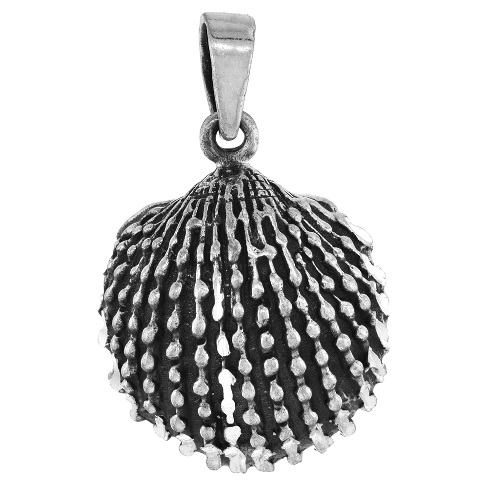 1 INCH STERLING SILVER CLAMSHELL PENDANT DIAMOND-CUT OXIDIZED FINISH NO CHAIN