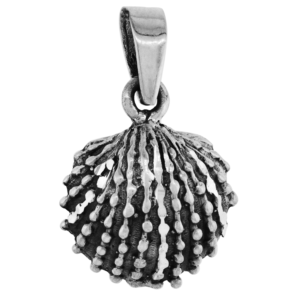 SMALL 3/4 INCH STERLING SILVER CLAMSHELL PENDANT FOR WOMEN DIAMOND-CUT OXIDIZED FINISH NO CHAIN