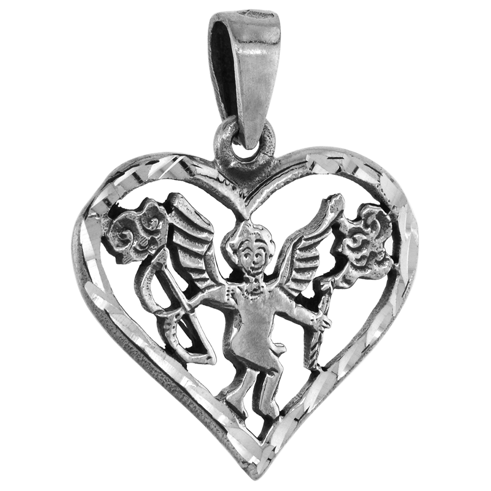 7/8 INCH STERLING SILVER CUT-OUT HEART WITH ANGEL PENDANT FOR WOMEN DIAMOND-CUT OXIDIZED FINISH NO CHAIN