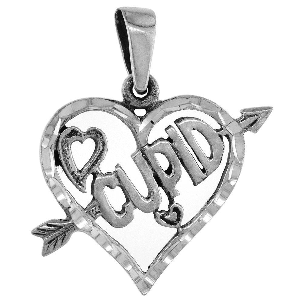 1 INCH STERLING SILVER ARROW THRU HEART CUPID PENDANT FOR WOMEN DIAMOND-CUT OXIDIZED FINISH NO CHAIN