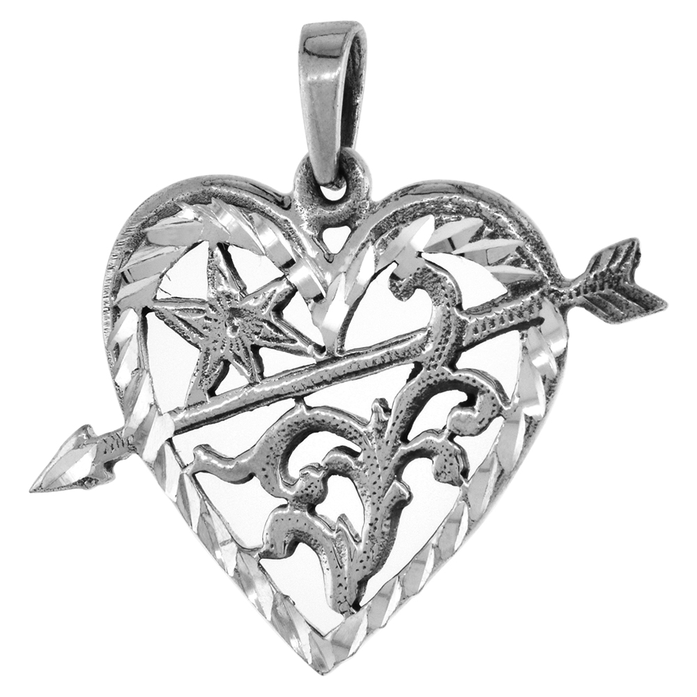 1 INCH STERLING SILVER HEART WITH STAR AND ARROW PENDANT FOR WOMEN DIAMOND-CUT OXIDIZED FINISH NO CHAIN