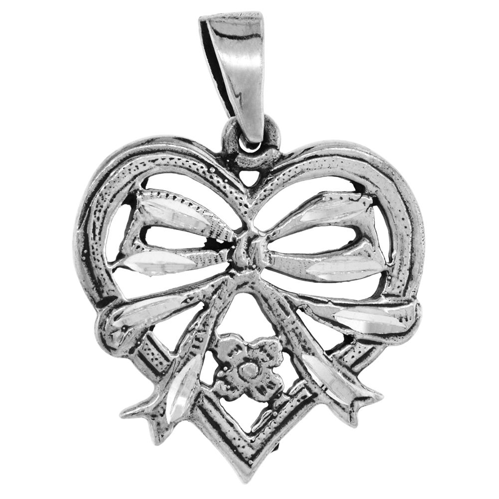1 INCH STERLING SILVER HEART WITH BOW RIBBON PENDANT FOR WOMEN DIAMOND-CUT OXIDIZED FINISH NO CHAIN