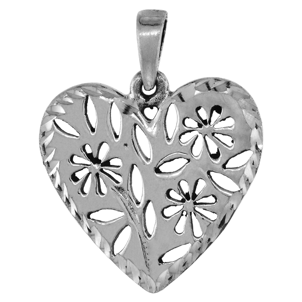 7/8 INCH STERLING SILVER HEART WITH CUT-OUTS PENDANT FOR WOMEN DIAMOND-CUT OXIDIZED FINISH NO CHAIN