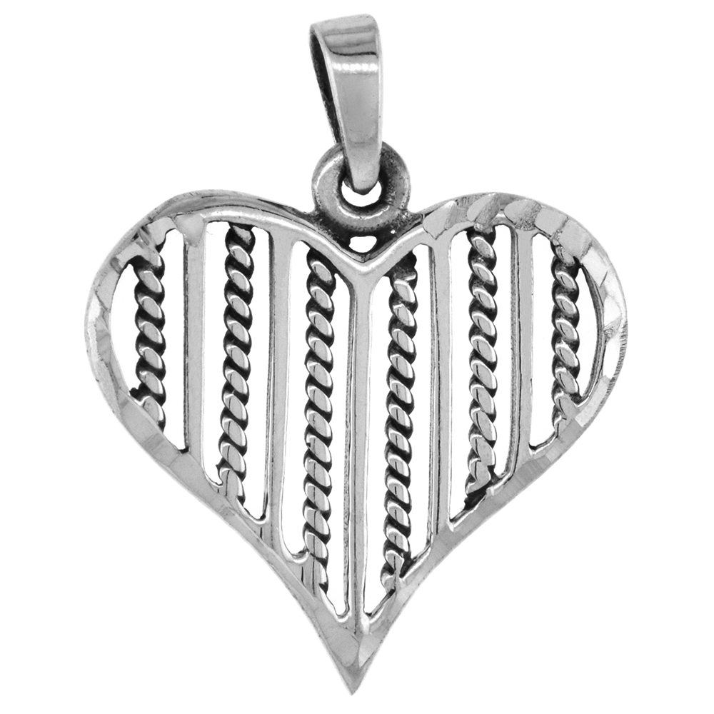 1 INCH STERLING SILVER STRINGED HEART PENDANT FOR WOMEN DIAMOND-CUT OXIDIZED FINISH NO CHAIN