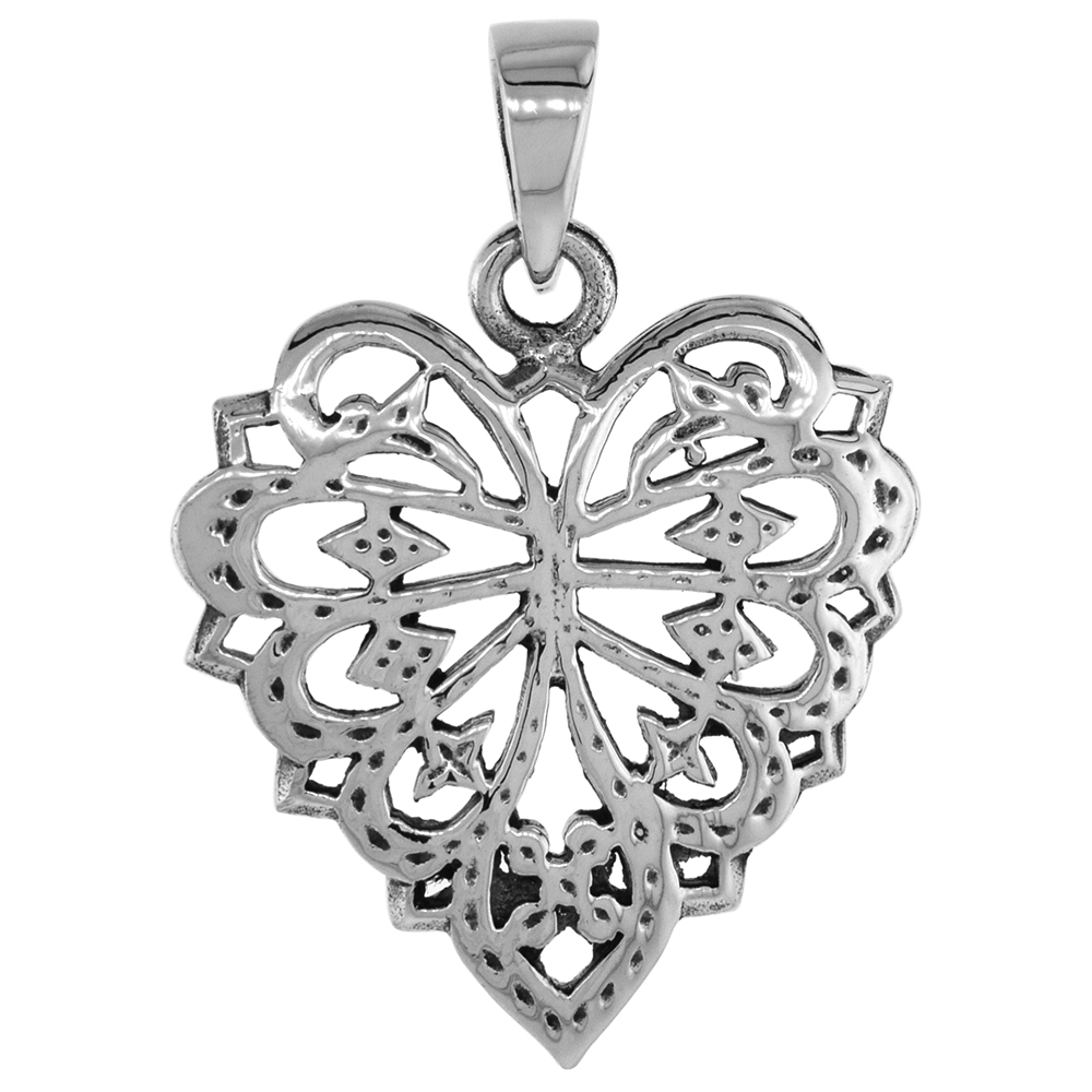 1 INCH STERLING SILVER FILIGREE HEART PENDANT FOR WOMEN DIAMOND-CUT OXIDIZED FINISH NO CHAIN