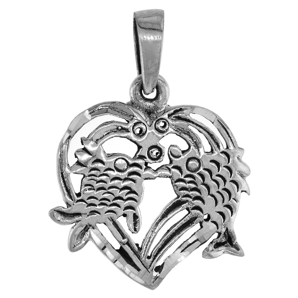 SMALL 3/4 INCH STERLING SILVER HEART PENDANT WITH KISSING FISH FOR WOMEN DIAMOND-CUT OXIDIZED FINISH NO CHAIN