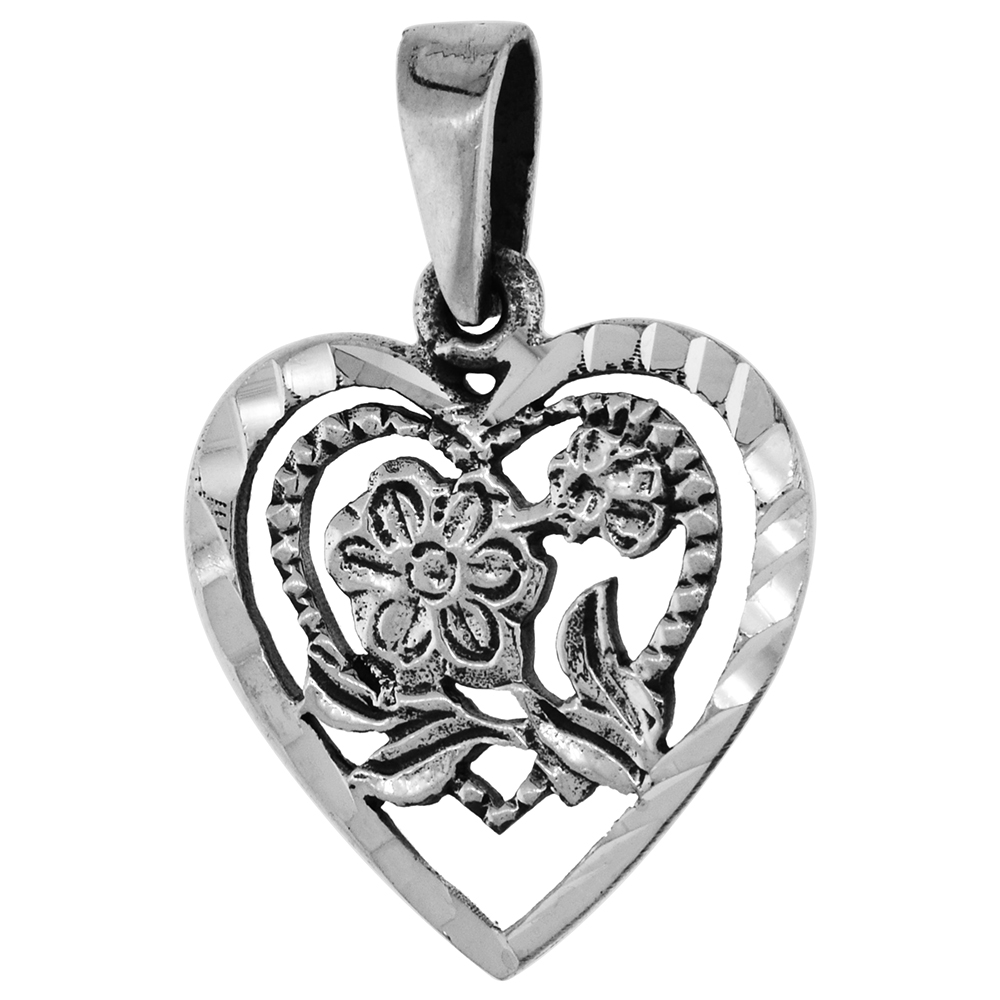 7/8 INCH STERLING SILVER HEART PENDANT FOR WOMEN WITH FLOWER FOR WOMEN DIAMOND-CUT OXIDIZED FINISH NO CHAIN