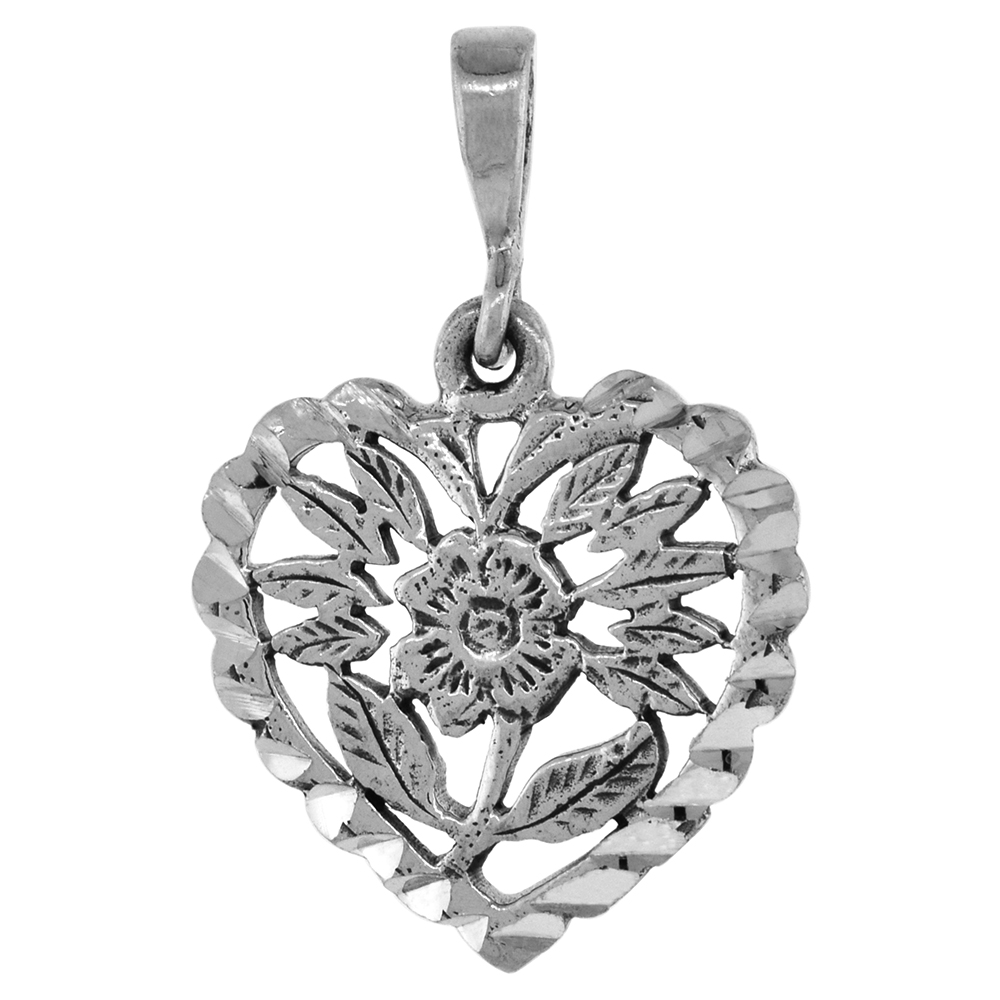 7/8 INCH STERLING SILVER FLOWER IN HEART PENDANT FOR WOMEN FOR WOMEN DIAMOND-CUT OXIDIZED FINISH NO CHAIN