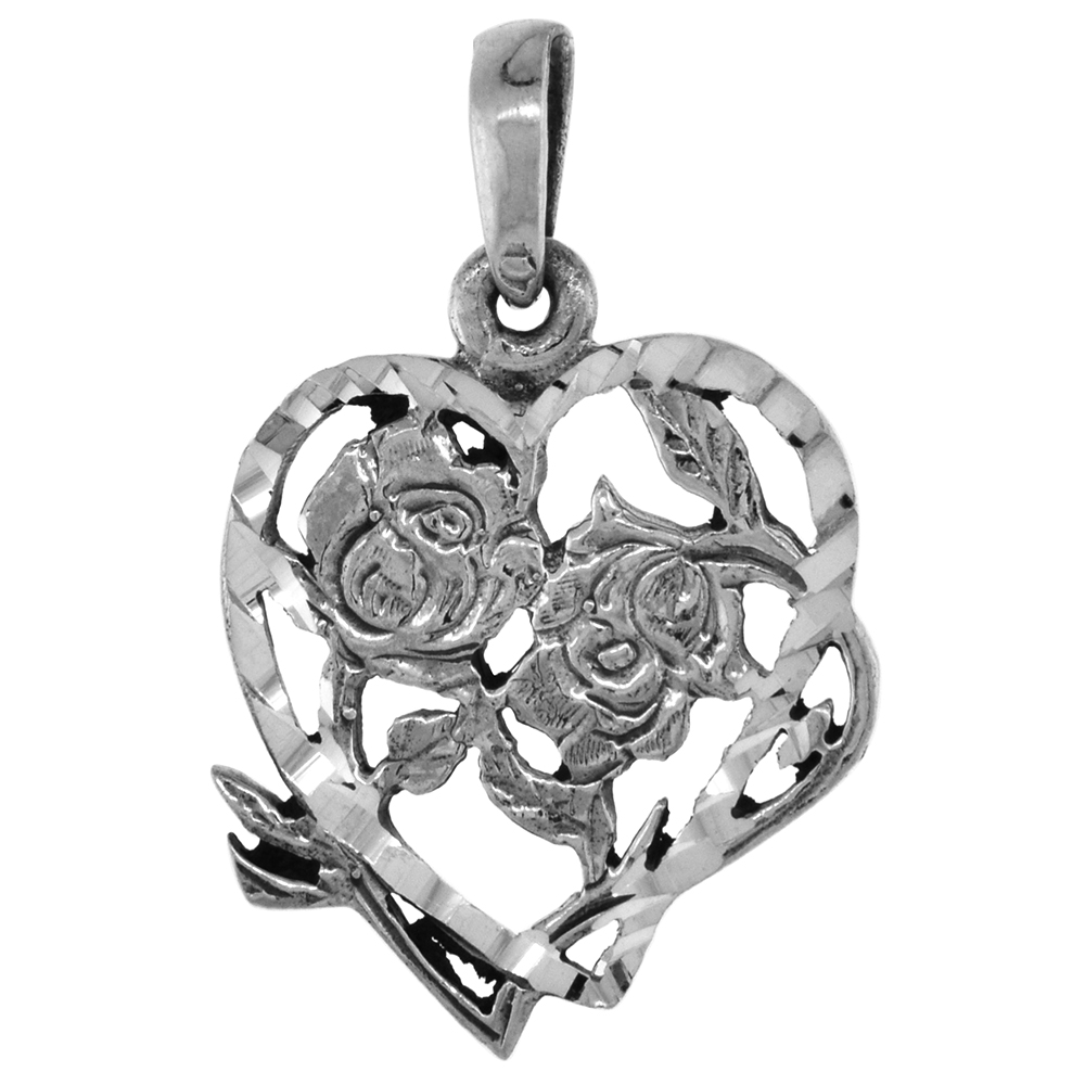 7/8 INCH STERLING SILVER FLOWERS IN HEART PENDANT FOR WOMEN FOR WOMEN DIAMOND-CUT OXIDIZED FINISH NO CHAIN