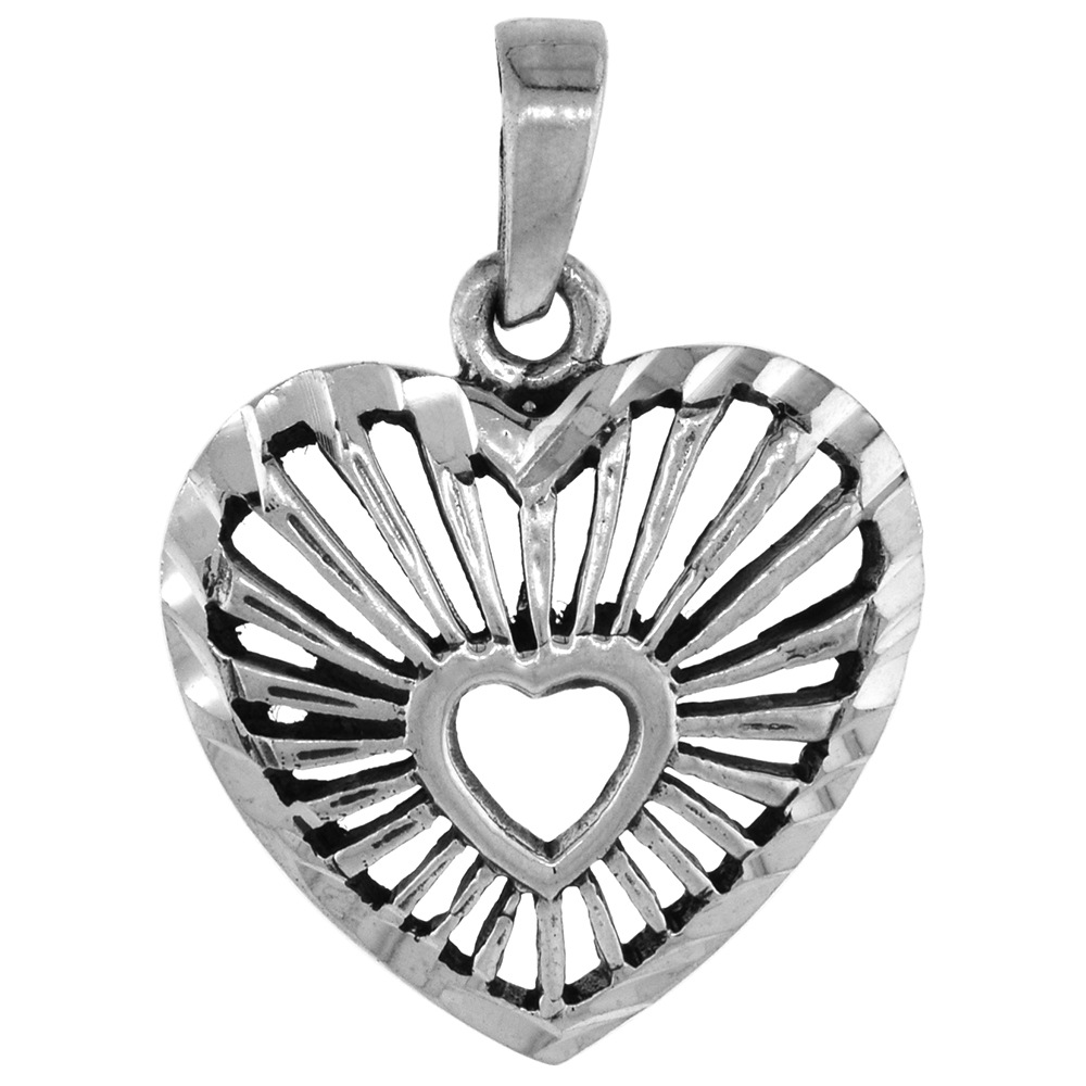 7/8 inch Sterling Silver Cut-out Heart Necklace for Women Diamond-Cut Oxidized finish available with or without chain