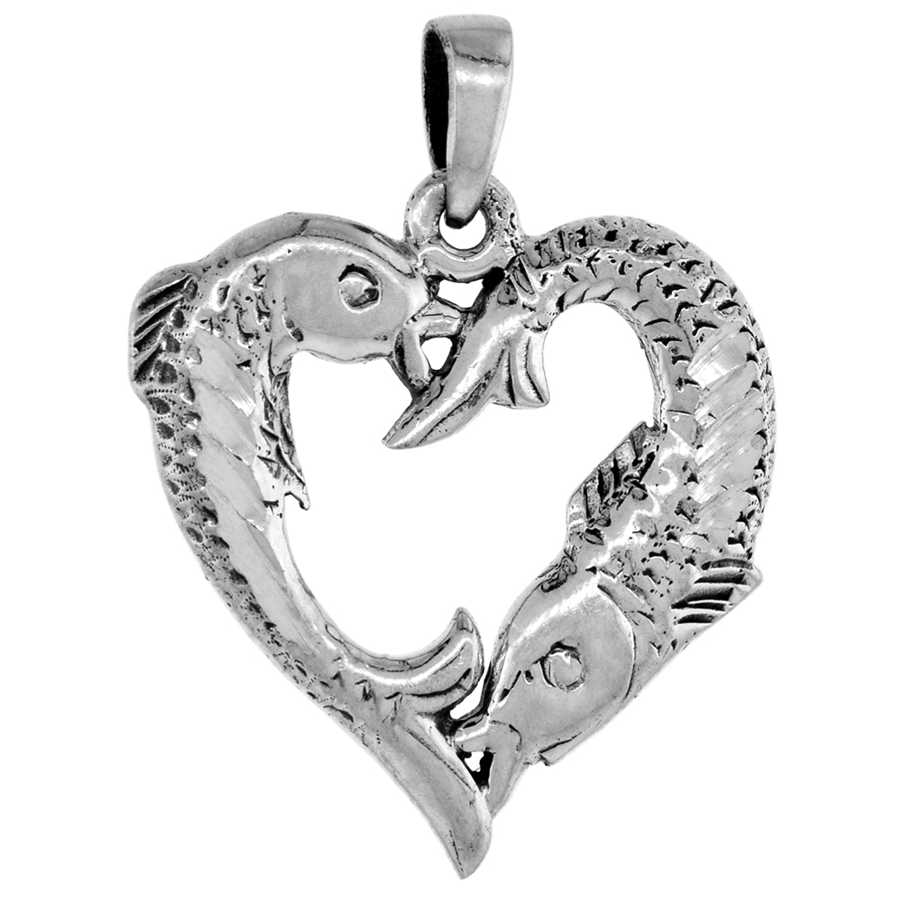 1 INCH STERLING SILVER HEART-SHAPED FISH PISCES SIGN PENDANT FOR WOMEN DIAMOND-CUT OXIDIZED FINISH NO CHAIN