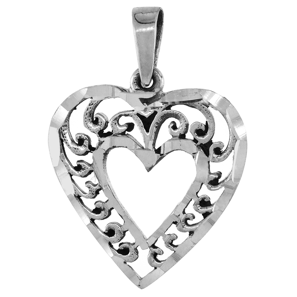 1 INCH STERLING SILVER FILIGREE OPEN HEART PENDANT FOR WOMEN DIAMOND-CUT OXIDIZED FINISH NO CHAIN