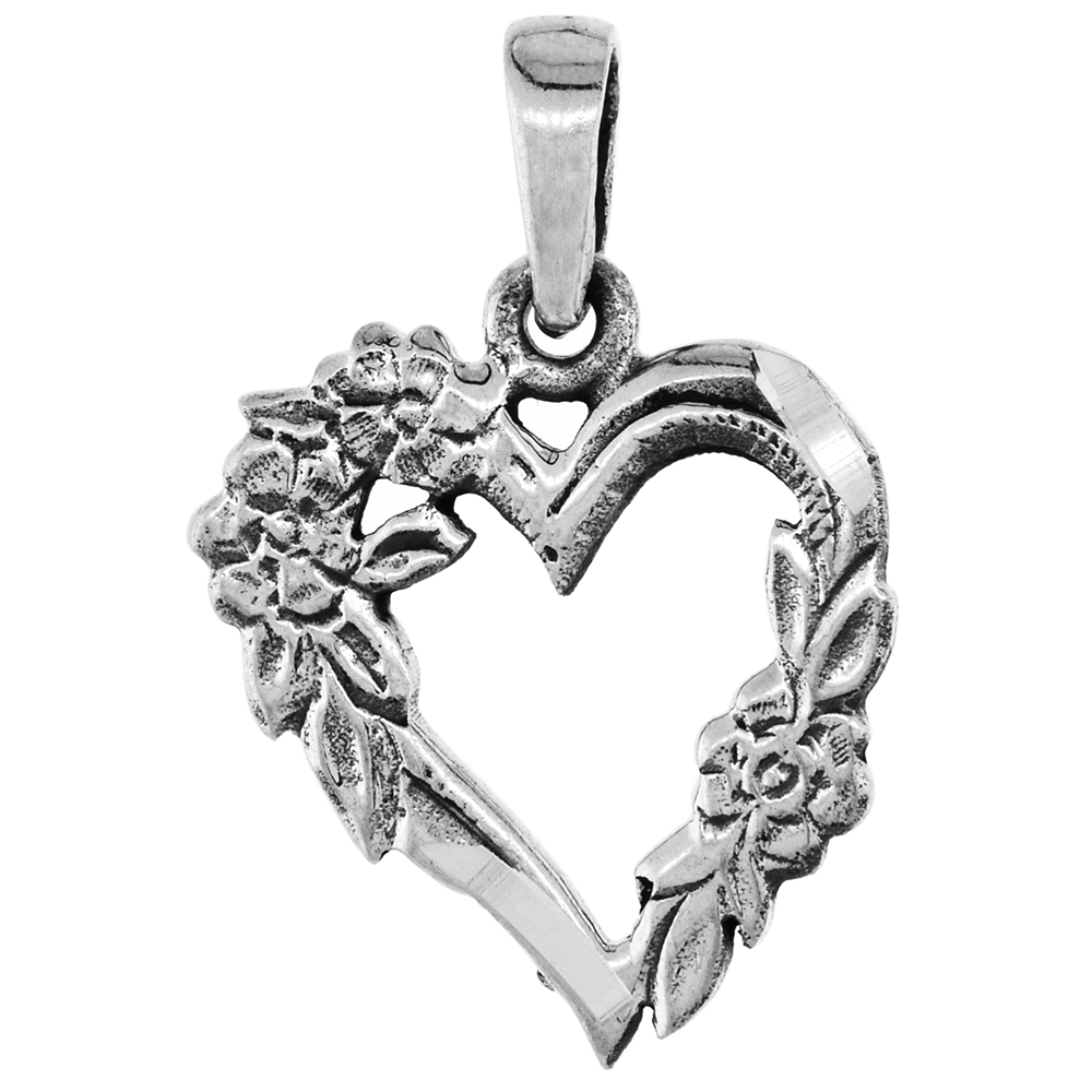 SMALL 3/4 INCH STERLING SILVER FLORAL HEART PENDANT FOR WOMEN DIAMOND-CUT OXIDIZED FINISH NO CHAIN