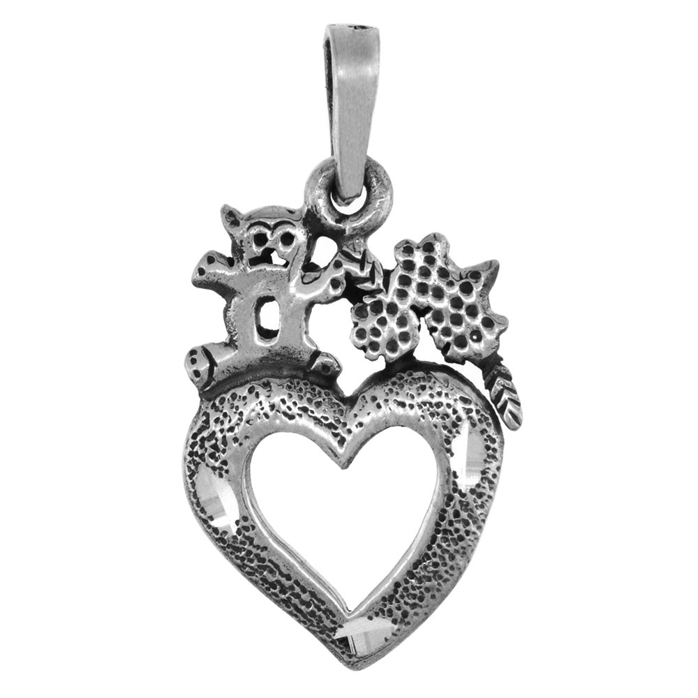 1 INCH STERLING SILVER TEDDY BEAR ON OPEN HEART PENDANT FOR WOMEN DIAMOND-CUT OXIDIZED FINISH NO CHAIN