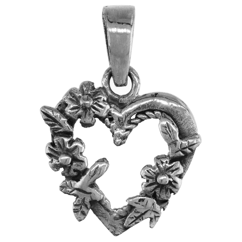 TINY 5/8 INCH STERLING SILVER FLORAL HEART PENDANT FOR WOMEN DIAMOND-CUT OXIDIZED FINISH NO CHAIN