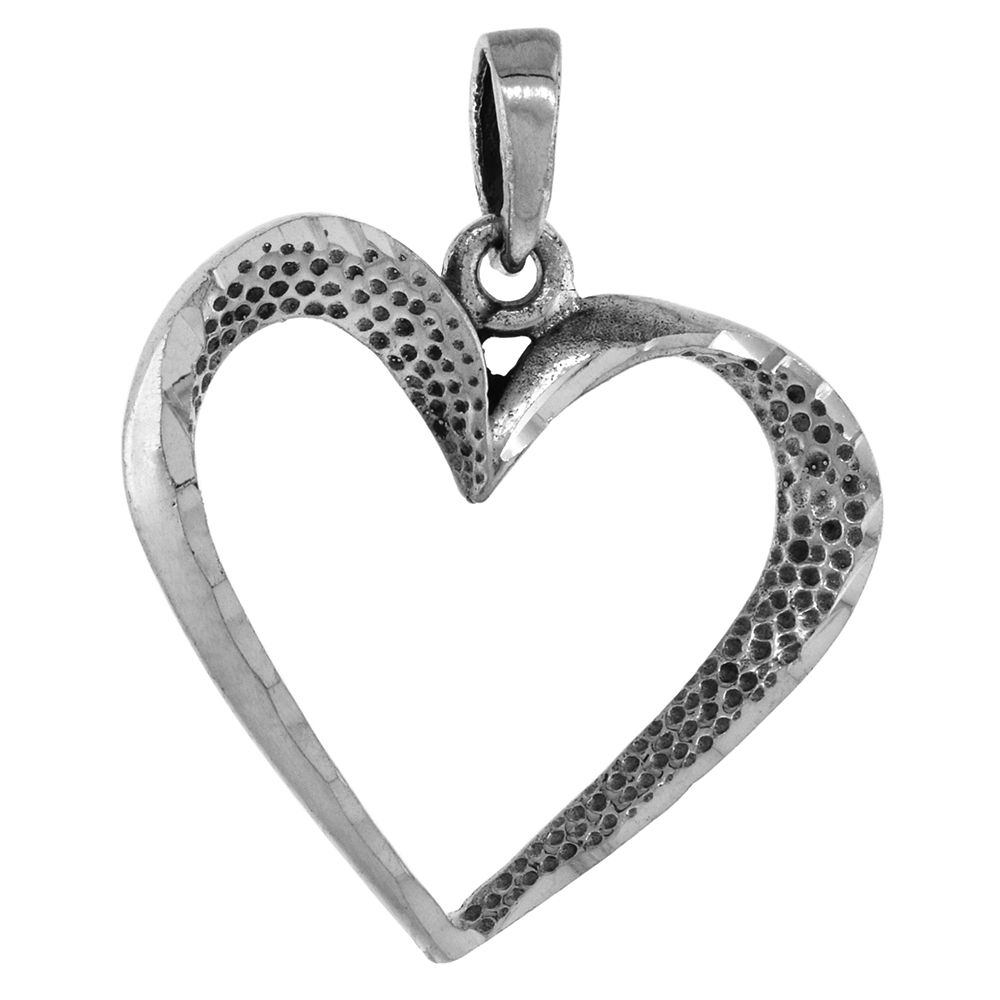 1 INCH STERLING SILVER CUT-OUT HEART PENDANT FOR WOMEN DIAMOND-CUT OXIDIZED FINISH NO CHAIN
