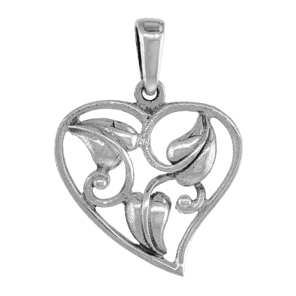 SMALL 3/4 INCH STERLING SILVER CUT-OUT HEART PENDANT WITH LEAVES FOR WOMEN DIAMOND-CUT OXIDIZED FINISH NO CHAIN