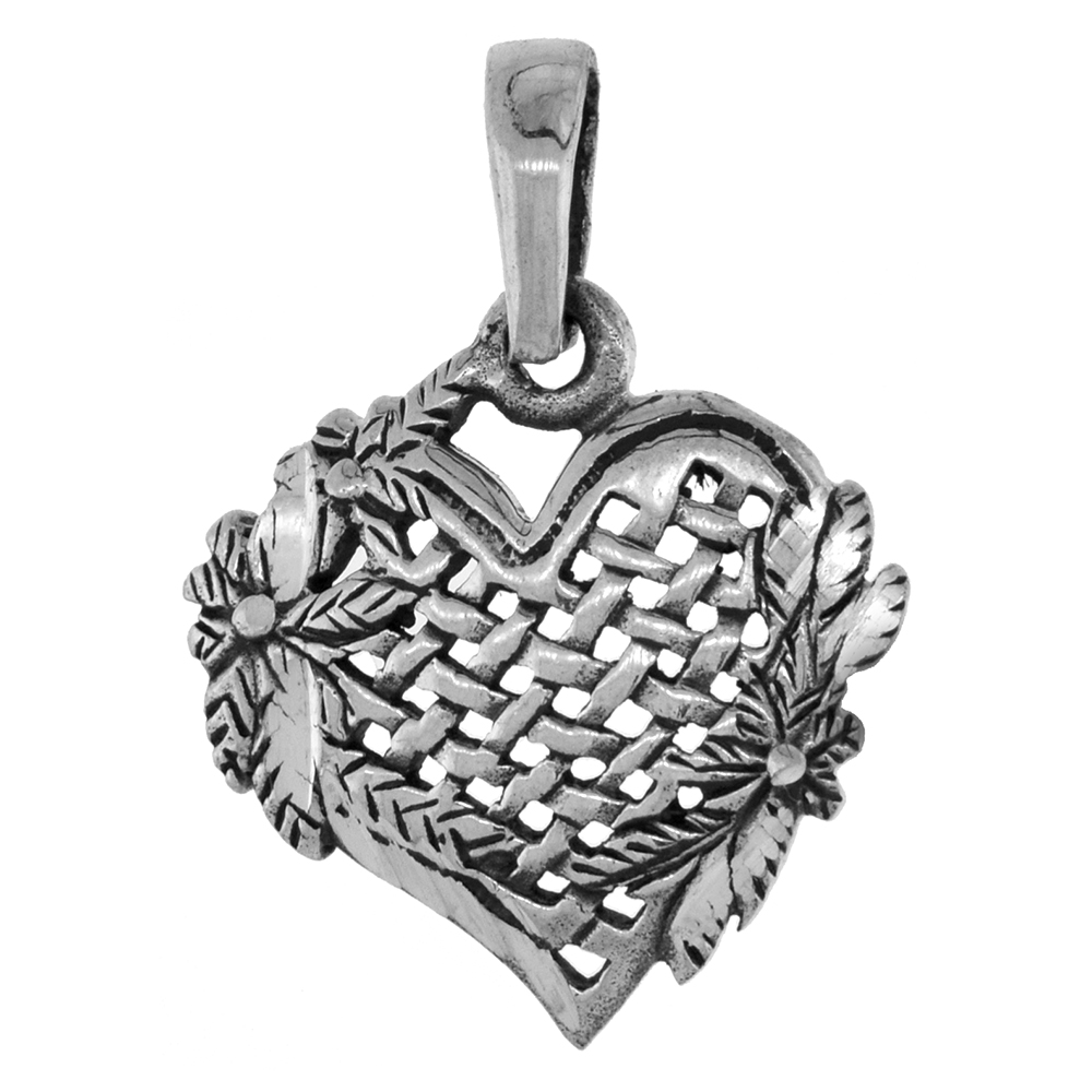 SMALL 3/4 INCH STERLING SILVER HEART PENDANT BASKETWEAVE PATTERN FOR WOMEN DIAMOND-CUT OXIDIZED FINISH NO CHAIN
