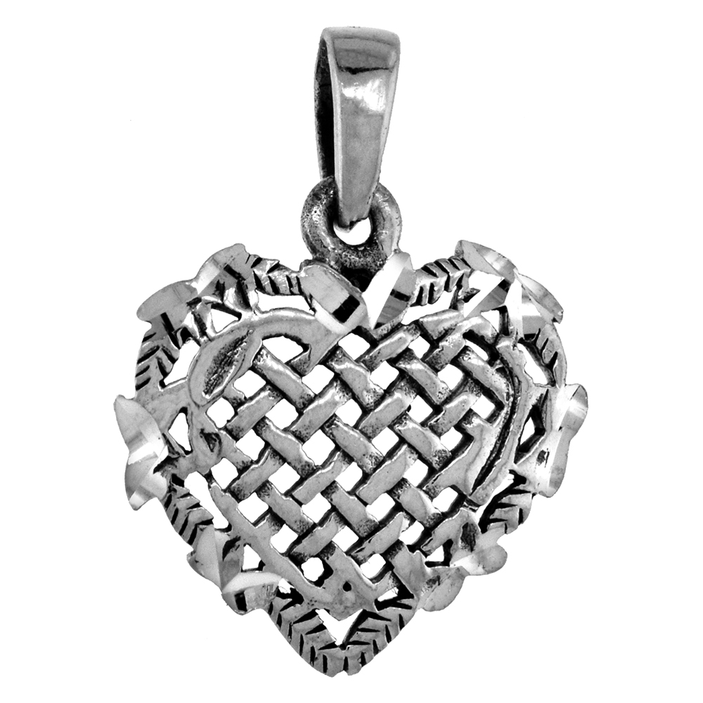SMALL 3/4 INCH STERLING SILVER BASKETWEAVE HEART PENDANT FOR WOMEN DIAMOND-CUT OXIDIZED FINISH NO CHAIN
