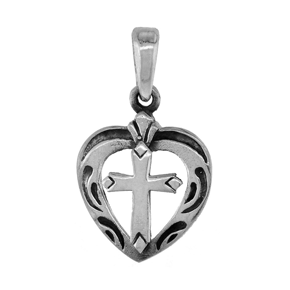 SMALL 3/4 INCH STERLING SILVER CROSS IN HEART PENDANT FOR WOMEN DIAMOND-CUT OXIDIZED FINISH NO CHAIN