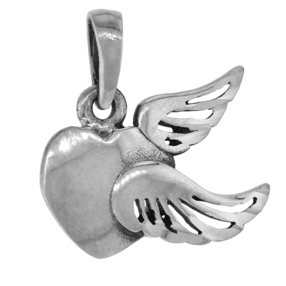 TINY 1/2 INCH STERLING SILVER WINGED HEART PENDANT FOR WOMEN DIAMOND-CUT OXIDIZED FINISH NO CHAIN