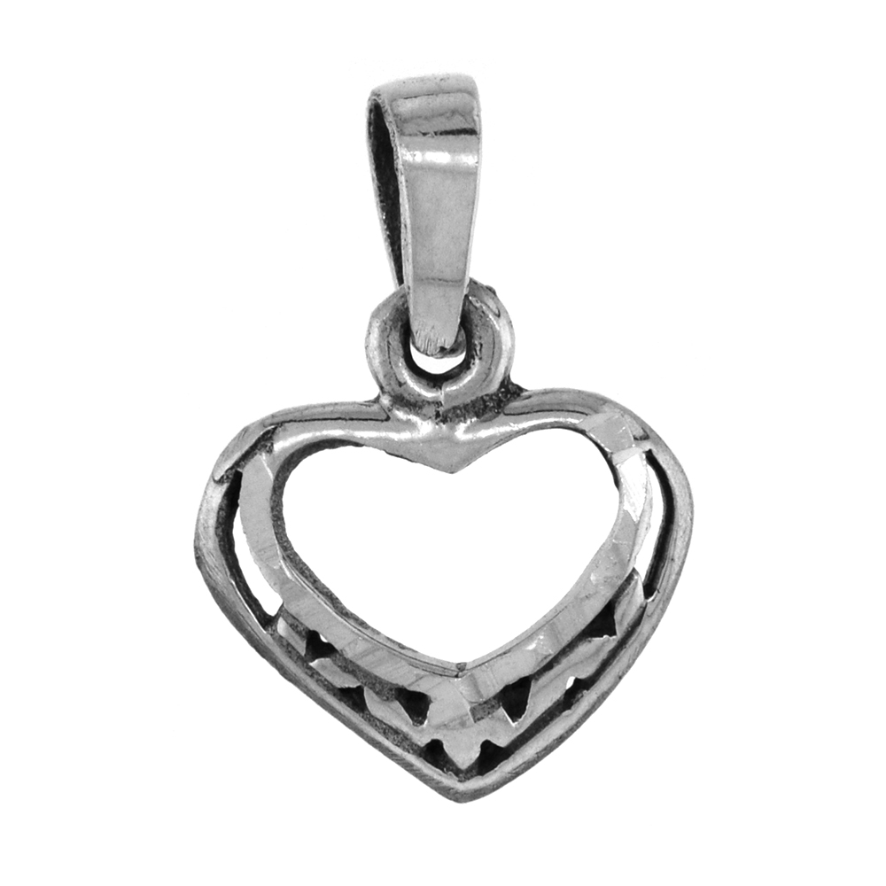 TINY 1/2 INCH STERLING SILVER CUT-OUT HEART PENDANT FOR WOMEN DIAMOND-CUT OXIDIZED FINISH NO CHAIN