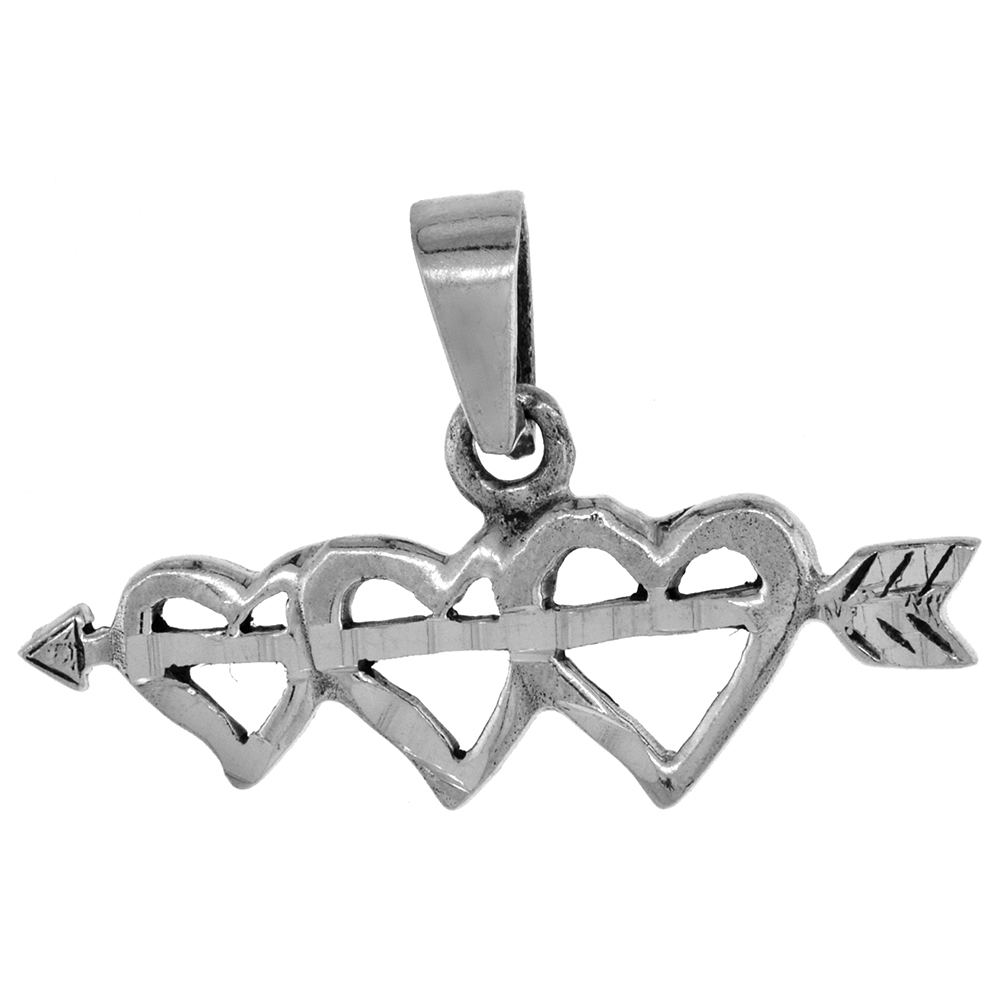 TINY 1/2 INCH STERLING SILVER ARROW THRU 3-HEARTS PENDANT FOR WOMEN DIAMOND-CUT OXIDIZED FINISH NO CHAIN