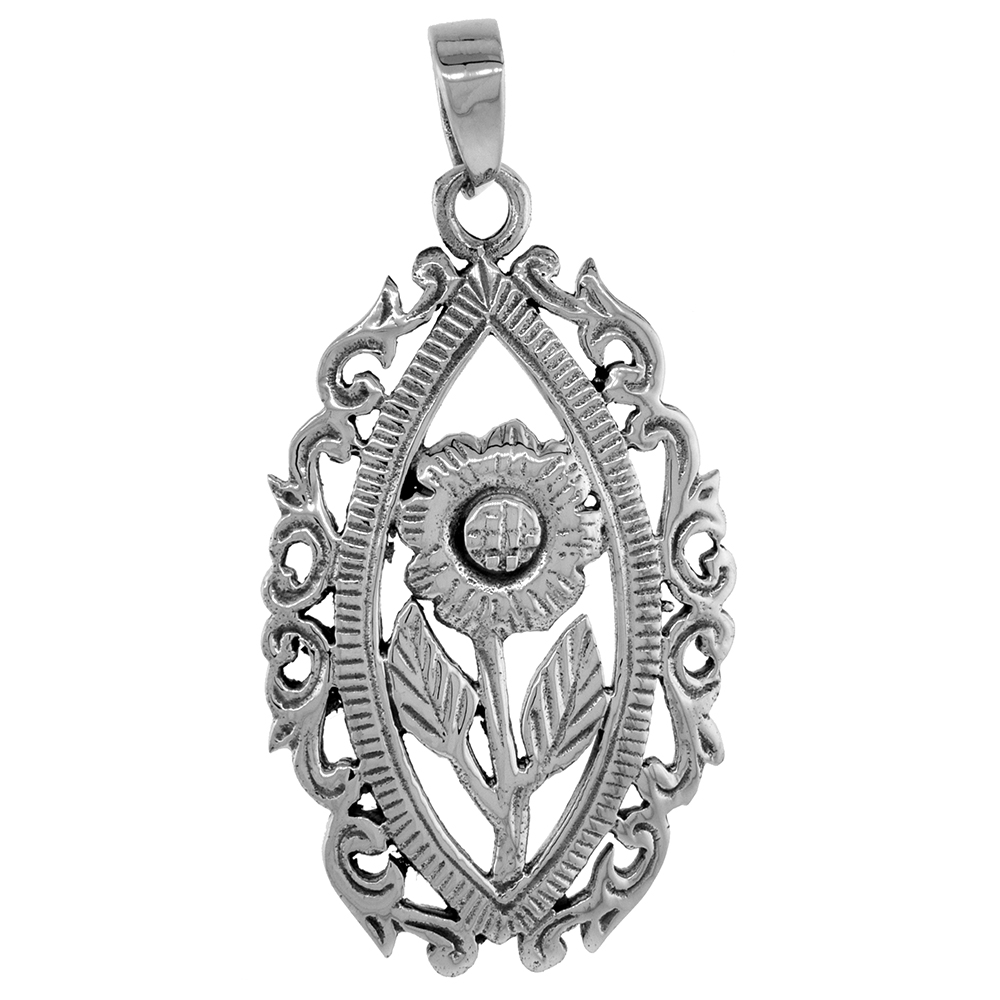 1 1/4 INCH STERLING SILVER FRAMED SUN FLOWER PENDANT FOR WOMEN DIAMOND-CUT OXIDIZED FINISH NO CHAIN