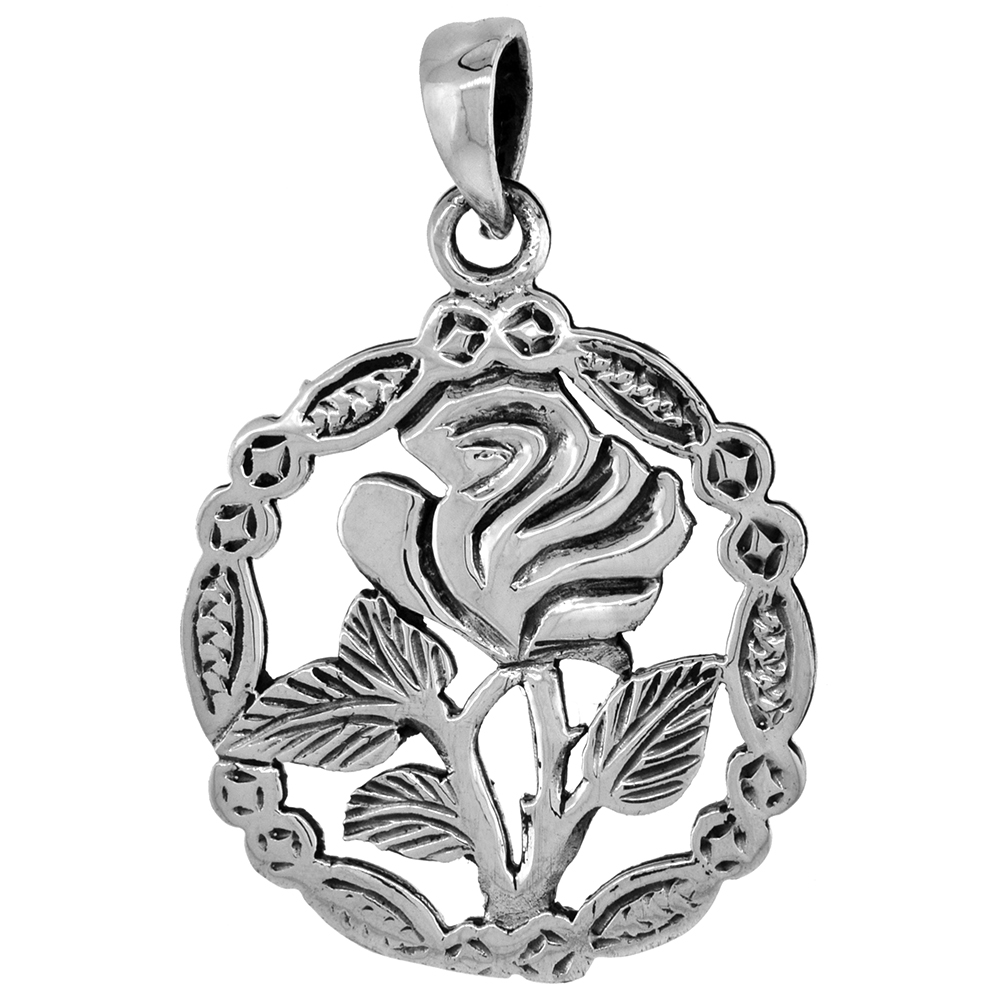 1 1/8 INCH STERLING SILVER ROSE FLOWER PENDANT FOR WOMEN DIAMOND-CUT OXIDIZED FINISH NO CHAIN