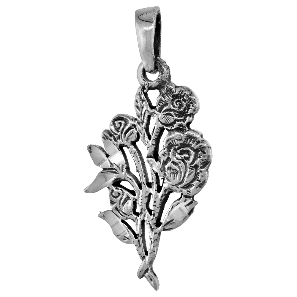 1 INCH STERLING SILVER ROSE BOUQUET PENDANT DIAMOND-CUT OXIDIZED FINISH NO CHAIN
