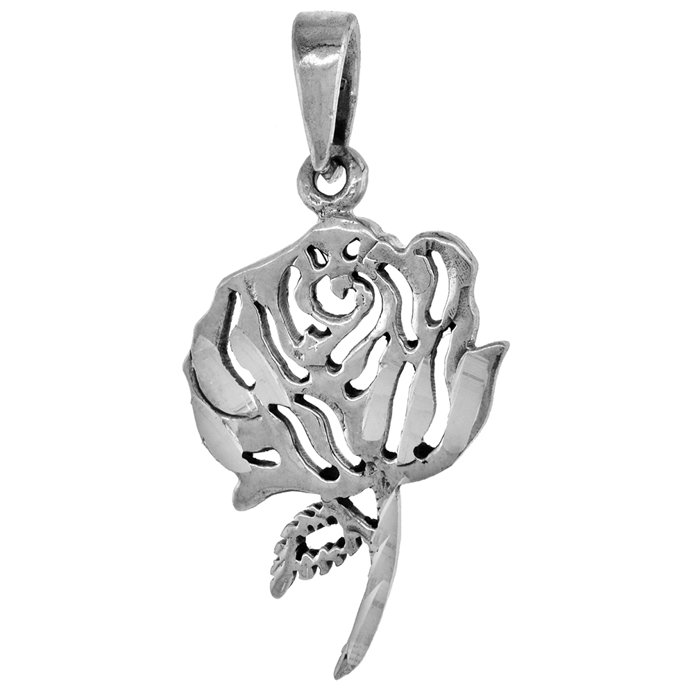 1 1/4 INCH STERLING SILVER CUT-OUT ROSE FLOWER PENDANT FOR WOMEN DIAMOND-CUT OXIDIZED FINISH NO CHAIN