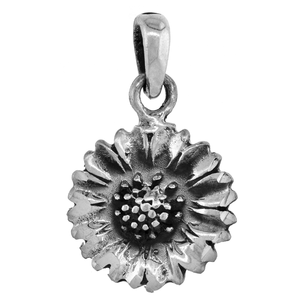 SMALL 3/4 INCH STERLING SILVER SUNFLOWER PENDANT FOR WOMEN FOR WOMEN DIAMOND-CUT OXIDIZED FINISH NO CHAIN