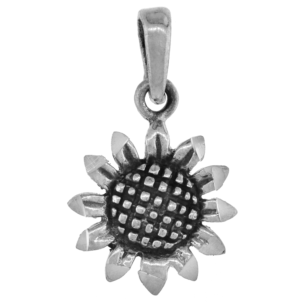 SMALL 3/4 INCH STERLING SILVER SUNFLOWER PENDANT FOR WOMEN FOR WOMEN DIAMOND-CUT OXIDIZED FINISH NO CHAIN