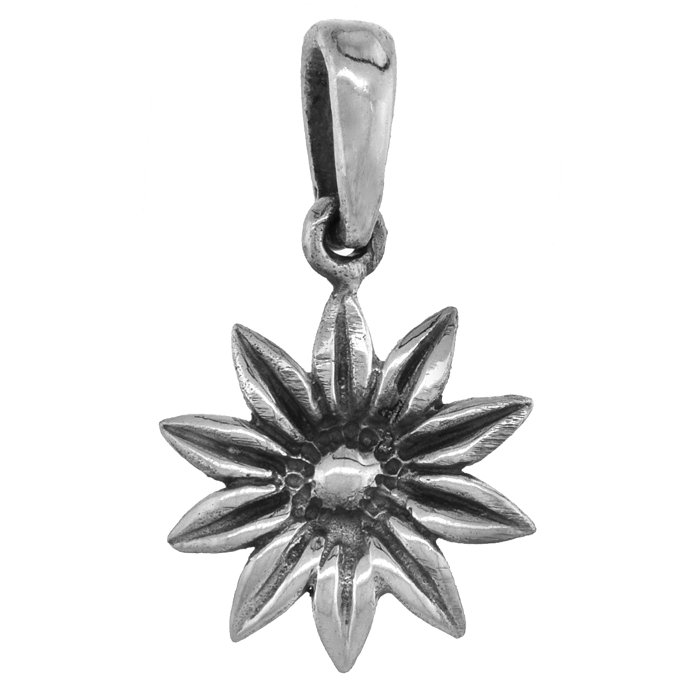 TINY 5/8 INCH STERLING SILVER DAISY FLOWER PENDANT FOR WOMEN FOR WOMEN DIAMOND-CUT OXIDIZED FINISH NO CHAIN