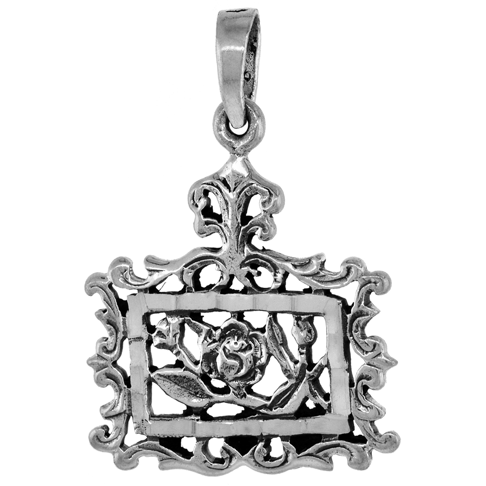 1 INCH STERLING SILVER FRAMED FLOWER PENDANT FOR WOMEN DIAMOND-CUT OXIDIZED FINISH NO CHAIN