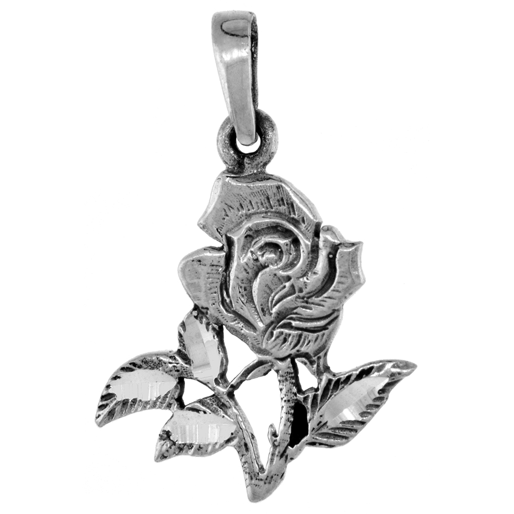 1 INCH STERLING SILVER ROSE FLOWER PENDANT FOR WOMEN DIAMOND-CUT OXIDIZED FINISH NO CHAIN
